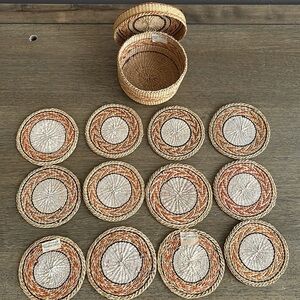 Vintage 70’s Handcrafted Woven Basket With 12 Drink Coasters. Natural Tan Color.